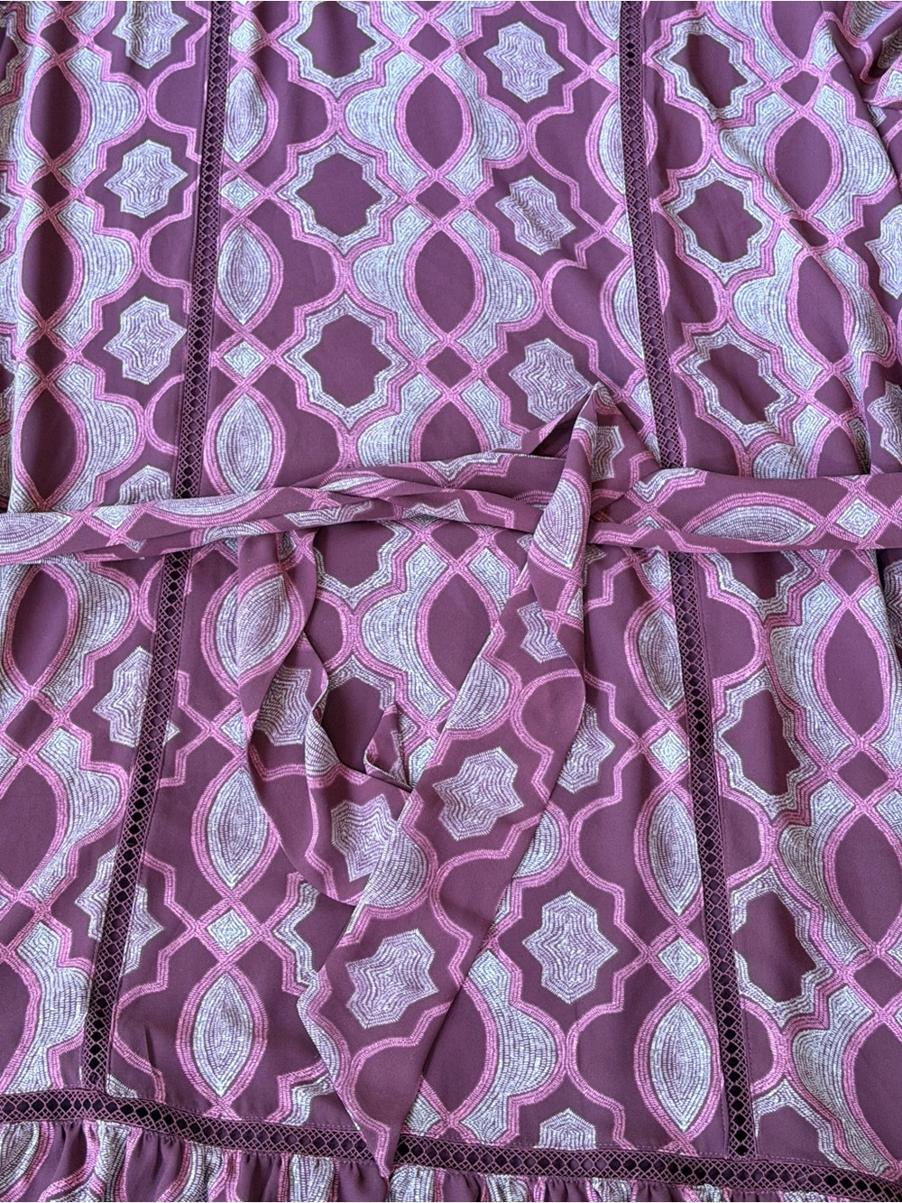 Chico’s Maroon Medallion Kaftan Tiered Maxi Dress Size 3.5 P Size 18 Boho Resort - Picture 2 of 8